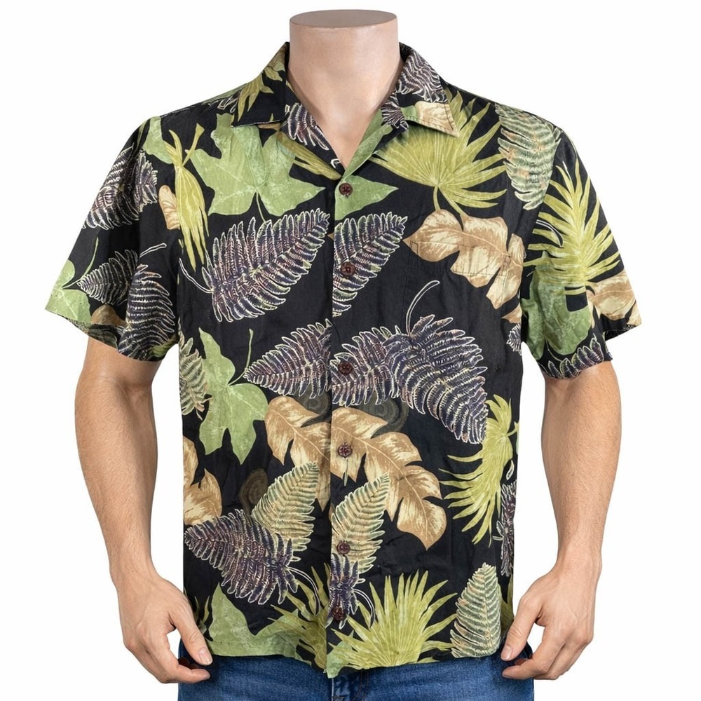 RJC Hawaiian Aloha Shirt Large Floral Green Tan Brown Leaves‎ Black